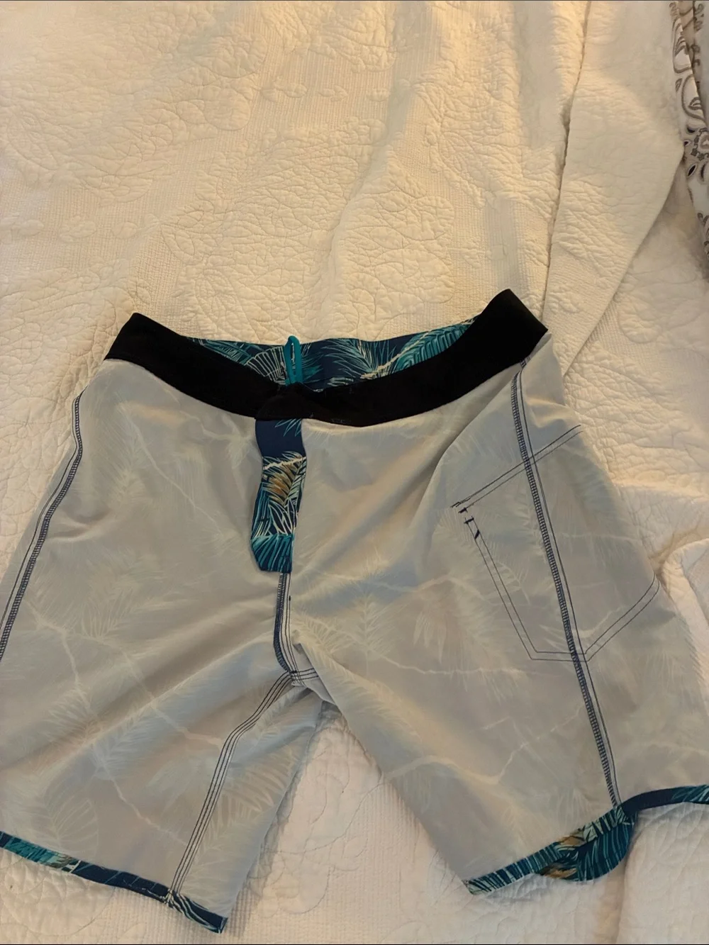 Volcom Teal and Navy Palm-Print Board Trunk Swim Shorts SZ 36
